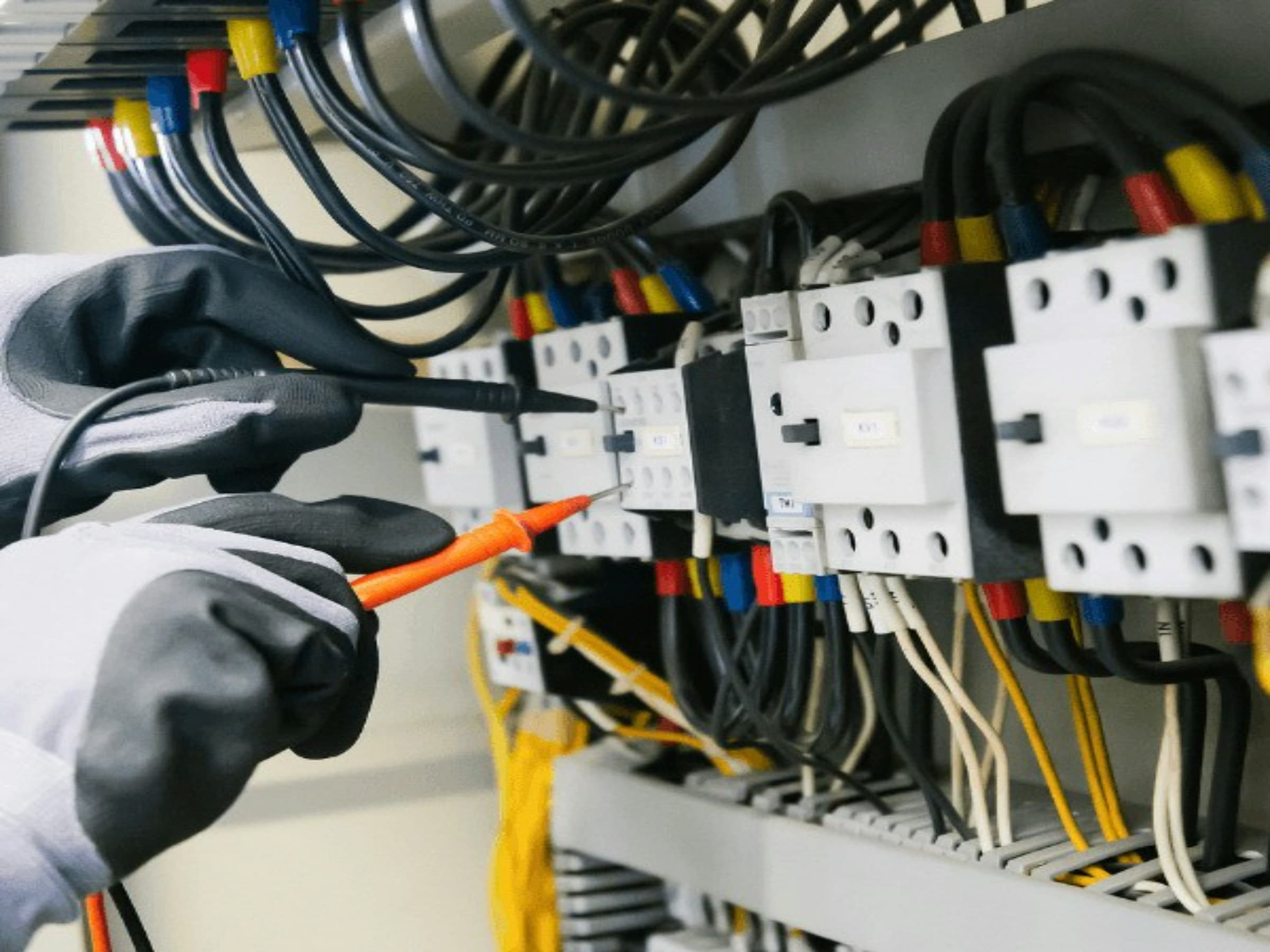 Electrician testing a commercial electrical panel with a multimeter probe